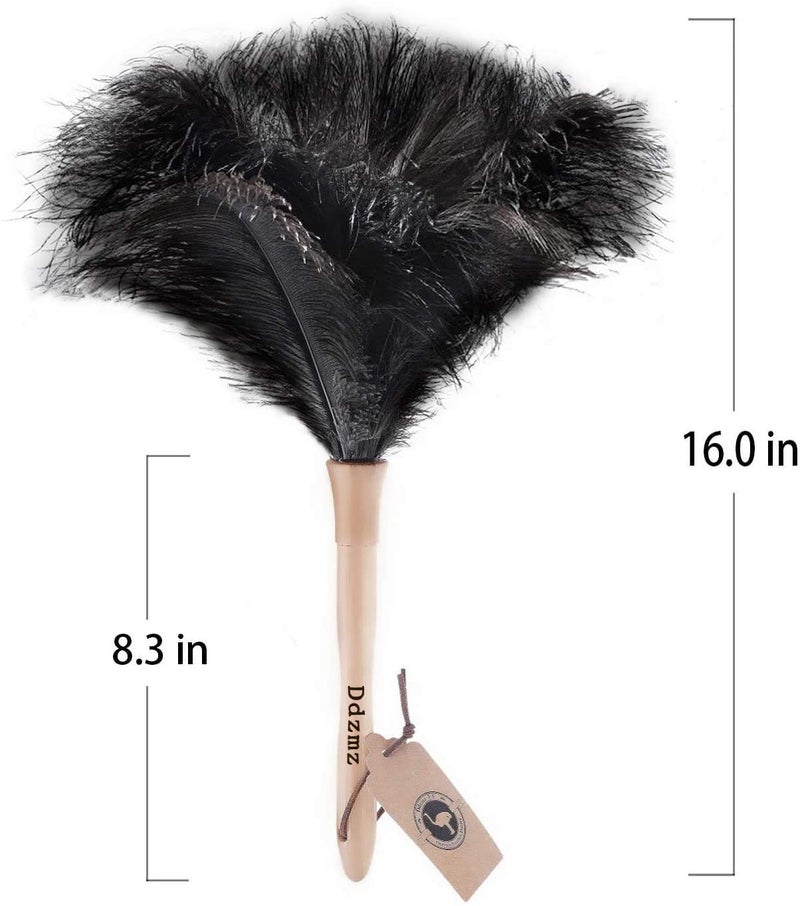 Ddzmz Feather Duster  Ostrich Feather Duster Ddzmz Fluffy Natural Genuine Ostrich Feathers and Reusable Wooden Long Handle Large Ostrich Feather Duster Cleaning for Housewife Black Length 16"" 1Pack - Image 2